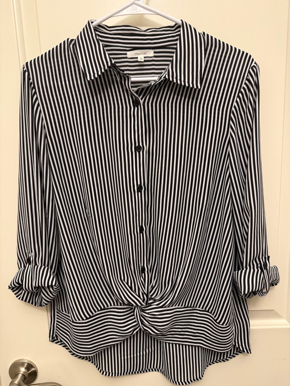 Maurices Black and White Striped Button-Front Knot Shirt